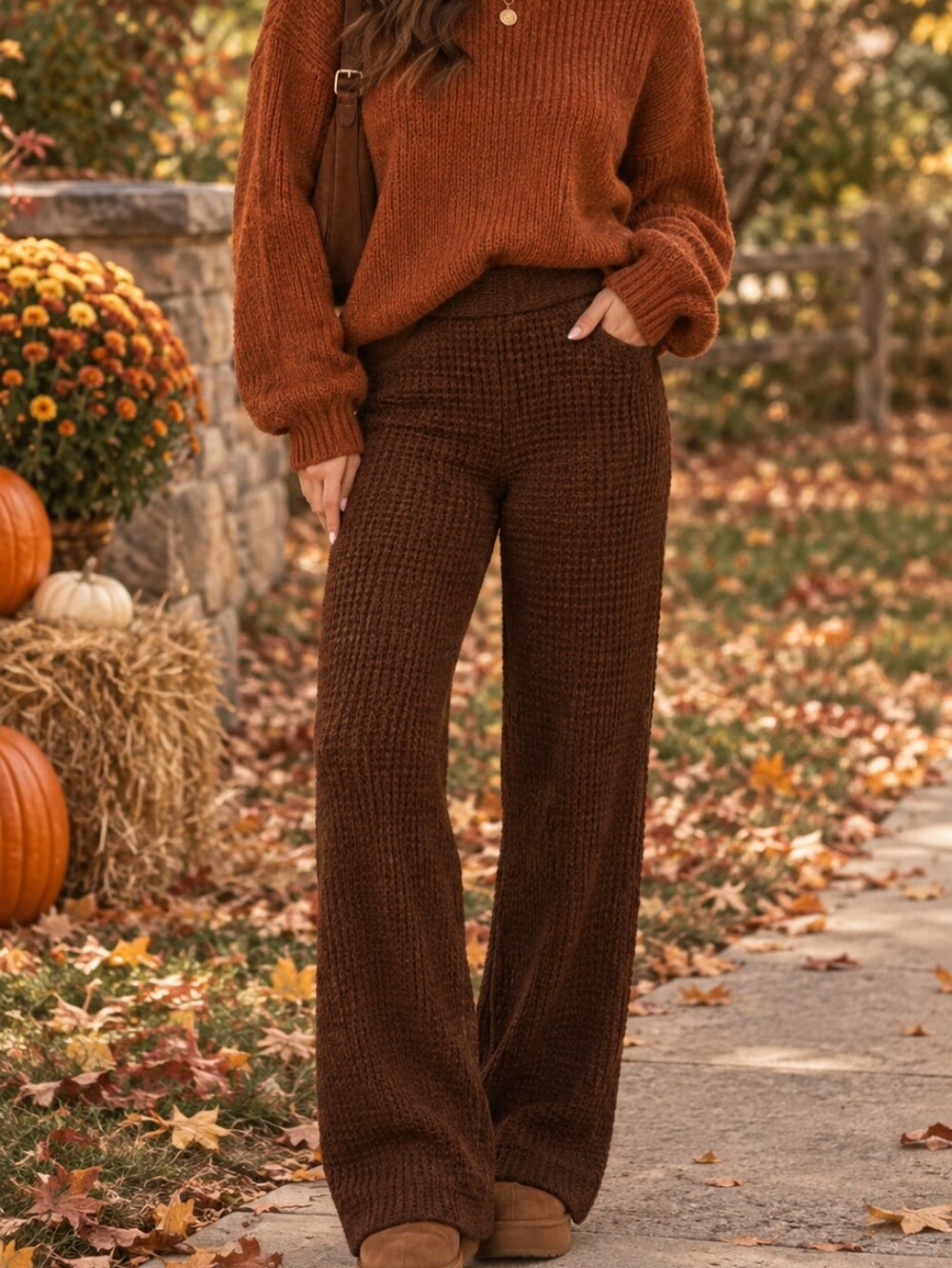 High-Rise Wide-Leg Knit Pants - Chocolate Brown